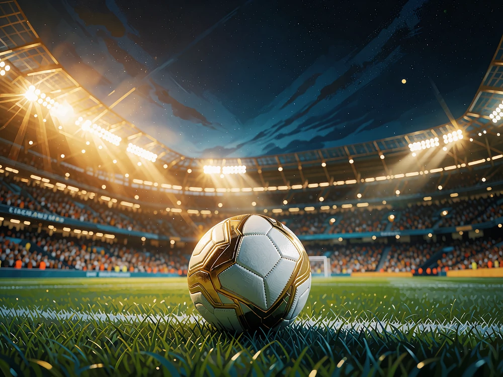 Hvid og gylden fodbold p&aring; en gr&aelig;sbane foran et oplyst stadion om natten - sportsbook med fodbold hos Goldbet