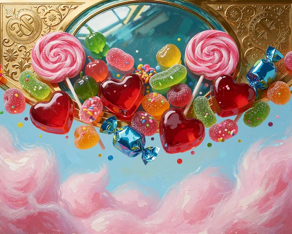 Skinnende hjerteslik, lollipops og vingummifrugter sv&aelig;ver over lyser&oslash;de sukkervatskyer - Sweet Bonanza-slot