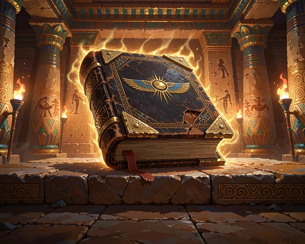 Gammel l&aelig;derbog med guldbeslag hviler p&aring; et stenalter i et egyptisk gravkammer - Book of Dead-slot
