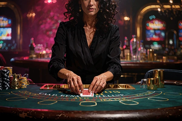 Dealer med m&oslash;rkt kr&oslash;llet h&aring;r deler kort ud ved et gr&oslash;nt blackjackbord i et d&aelig;mpet live studie