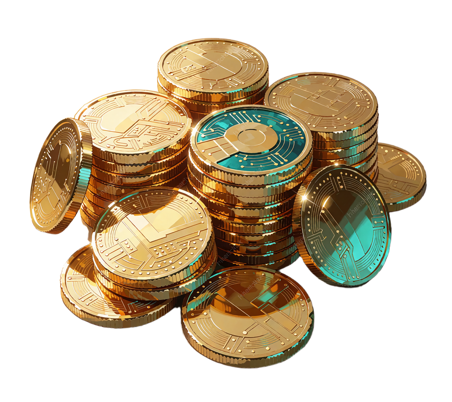 V&aelig;ltet stak tykke guldm&oslash;nter med kredsl&oslash;bsm&oslash;nstre og en teal emaljeindl&aelig;gning - illustration af Goldbets kryptobonus
