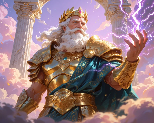 Gammel tordengud med hvidt sk&aelig;g og guldkrone l&oslash;fter en h&aring;nd med lyn foran marmors&oslash;jler - Gates of Olympus-slot