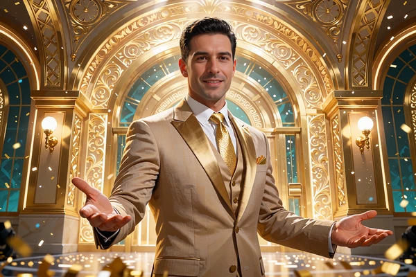 Smilende gameshow-v&aelig;rt i lyst jakkes&aelig;t foran gyldne buer i et festligt live casino-studie